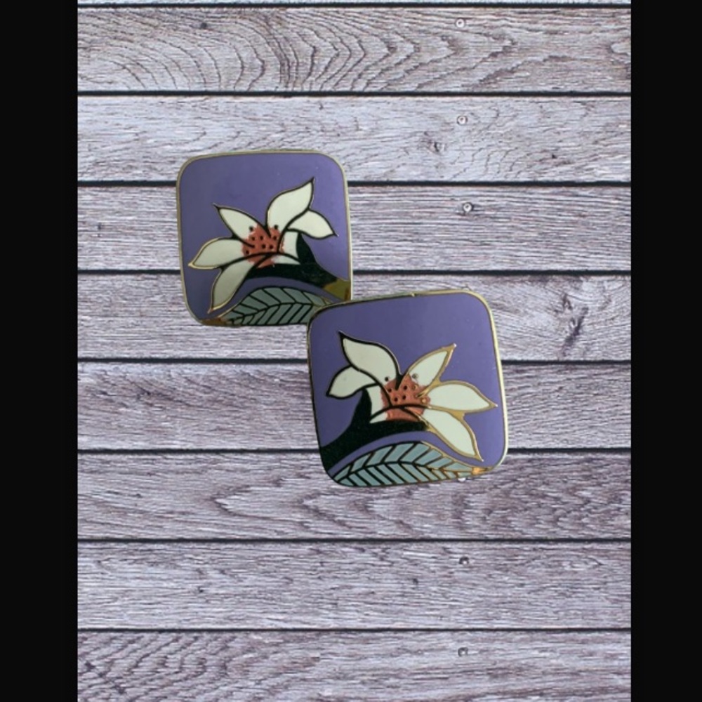 Laurel Burch, wild lily cloisonné clip on earrings. Purple with white li…